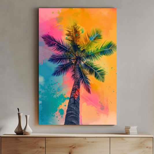 Colorful wall art print of a palm tree with a vivid, abstract background in tropical sunset colors, ideal for adding a warm, inviting touch to any room.