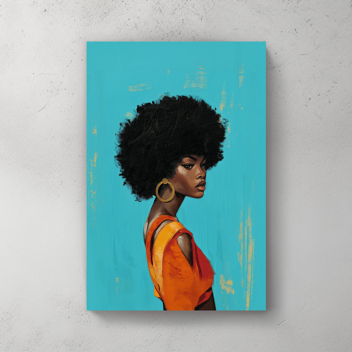 Stunning portrait of a woman with a bold afro and an elegant orange dress, set against a teal background, embodying contemporary fashion and diversity in art.