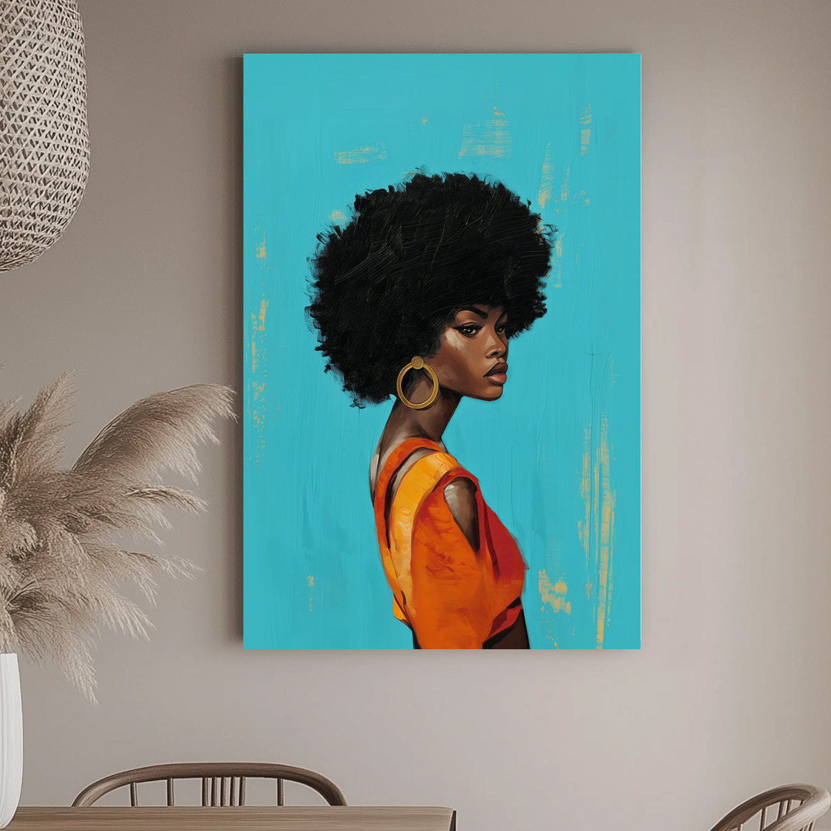 Stunning portrait of a woman with a bold afro and an elegant orange dress, set against a teal background, embodying contemporary fashion and diversity in art.