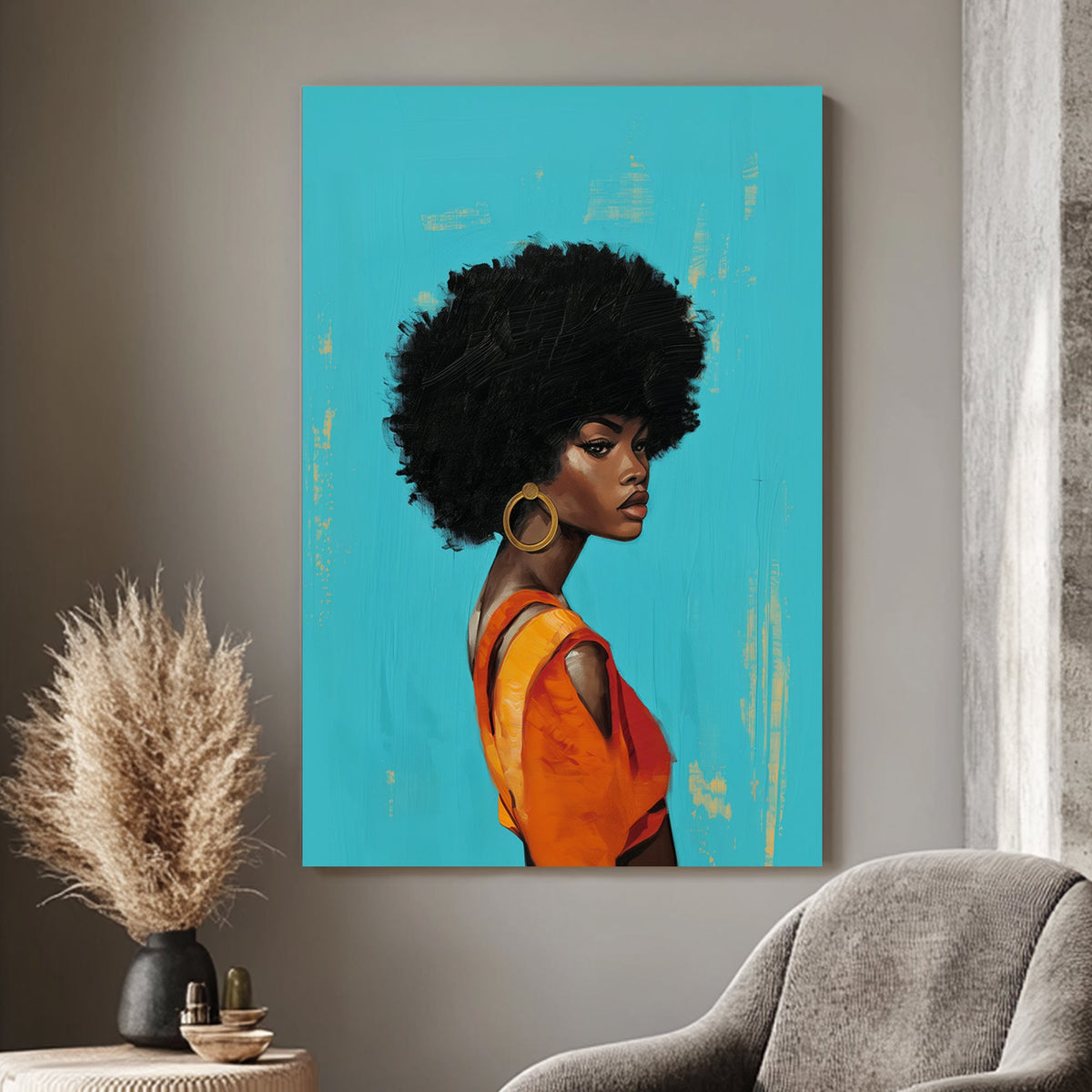 Stunning portrait of a woman with a bold afro and an elegant orange dress, set against a teal background, embodying contemporary fashion and diversity in art.