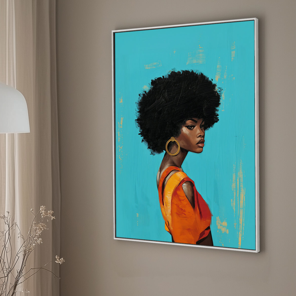 Stunning portrait of a woman with a bold afro and an elegant orange dress, set against a teal background, embodying contemporary fashion and diversity in art.