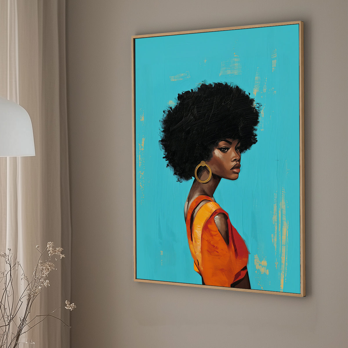 Stunning portrait of a woman with a bold afro and an elegant orange dress, set against a teal background, embodying contemporary fashion and diversity in art.