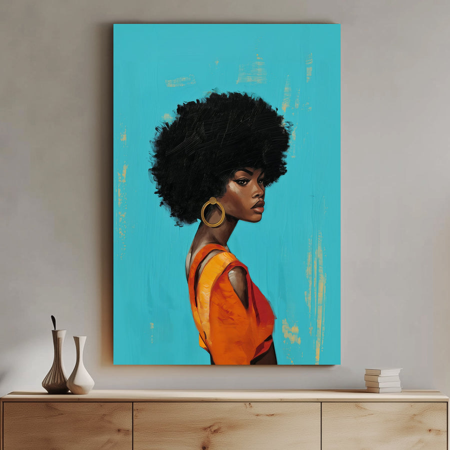 Stunning portrait of a woman with a bold afro and an elegant orange dress, set against a teal background, embodying contemporary fashion and diversity in art.