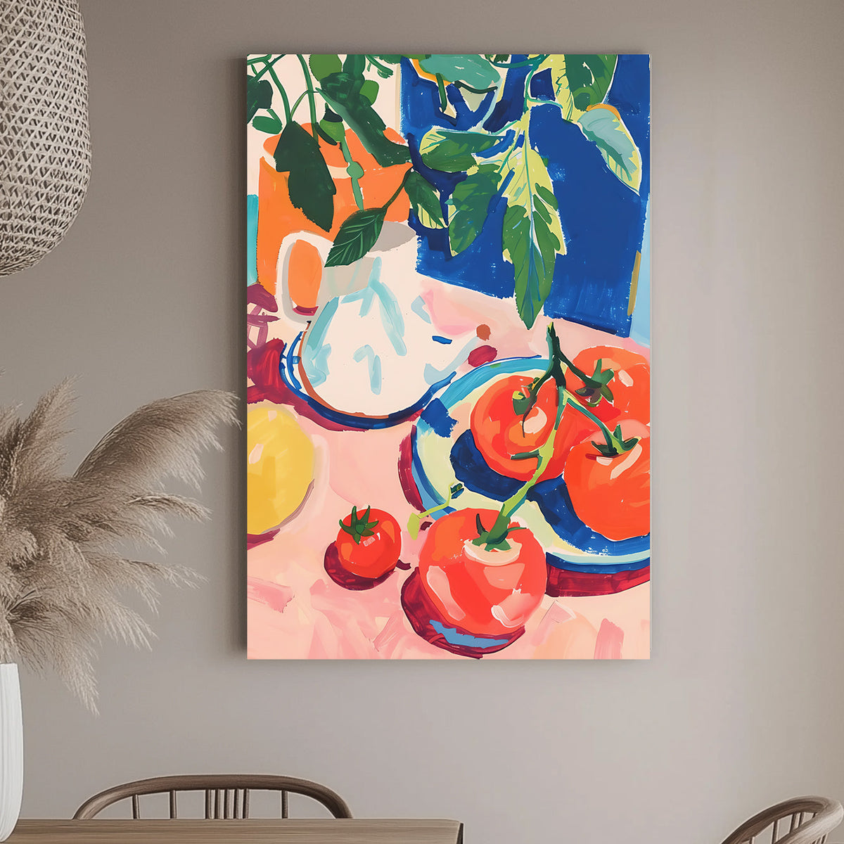 A modern impressionistic wall art print of bright tomatoes on a plate with a backdrop of vibrant foliage, ideal for adding a splash of color to kitchens and dining areas.