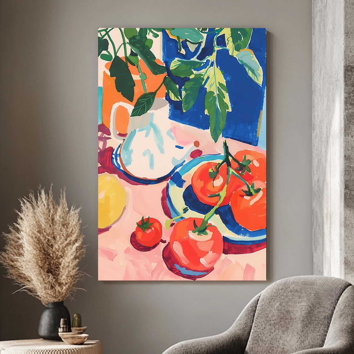 A modern impressionistic wall art print of bright tomatoes on a plate with a backdrop of vibrant foliage, ideal for adding a splash of color to kitchens and dining areas.