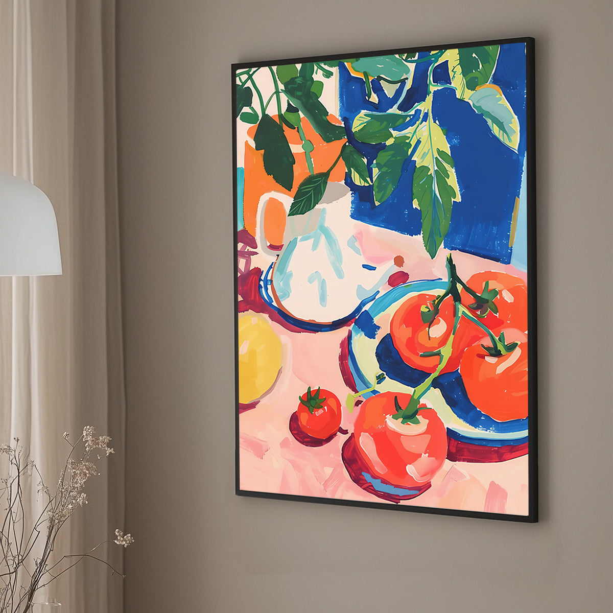 A modern impressionistic wall art print of bright tomatoes on a plate with a backdrop of vibrant foliage, ideal for adding a splash of color to kitchens and dining areas.
