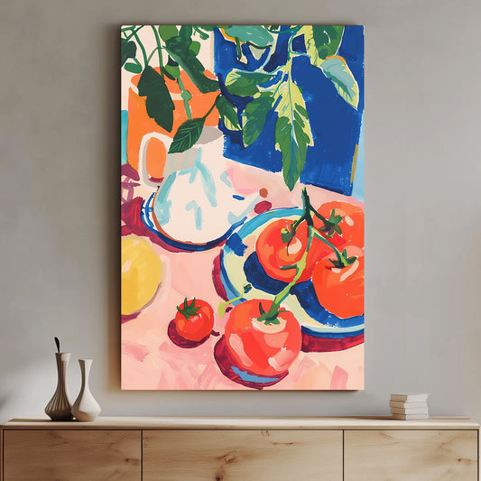 A modern impressionistic wall art print of bright tomatoes on a plate with a backdrop of vibrant foliage, ideal for adding a splash of color to kitchens and dining areas.