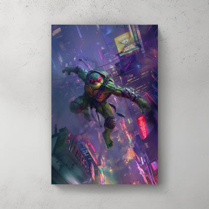 Action-packed wall art print of Raphael from TMNT soaring above a neon-lit cityscape, ideal for bringing superhero energy to entertainment areas.