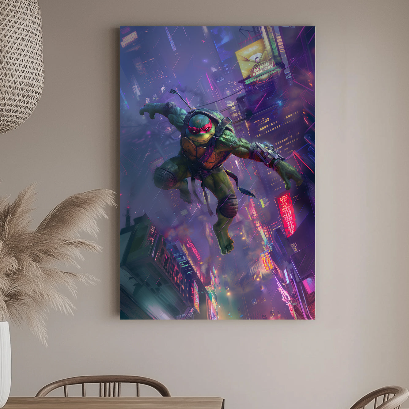 Action-packed wall art print of Raphael from TMNT soaring above a neon-lit cityscape, ideal for bringing superhero energy to entertainment areas.