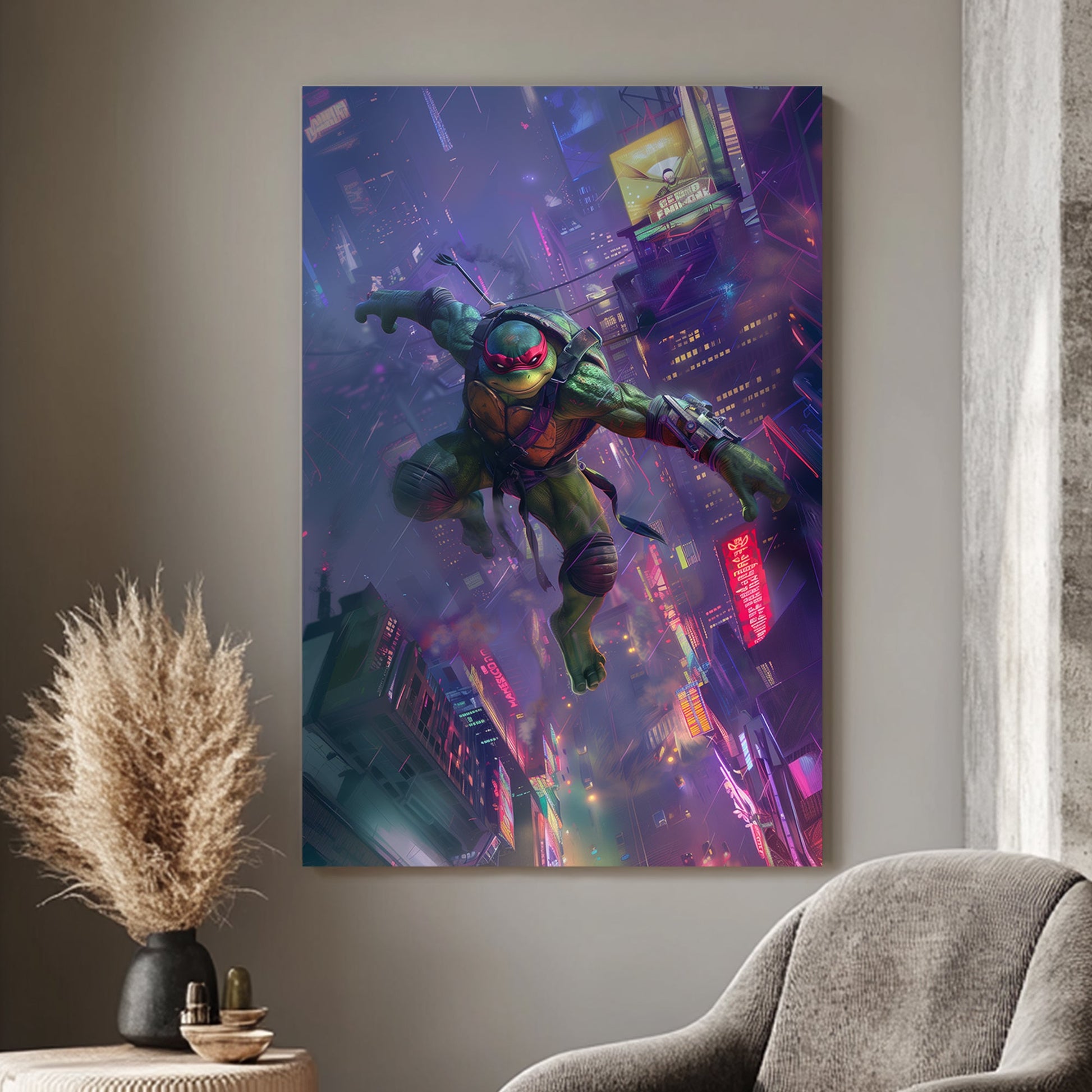 Action-packed wall art print of Raphael from TMNT soaring above a neon-lit cityscape, ideal for bringing superhero energy to entertainment areas.