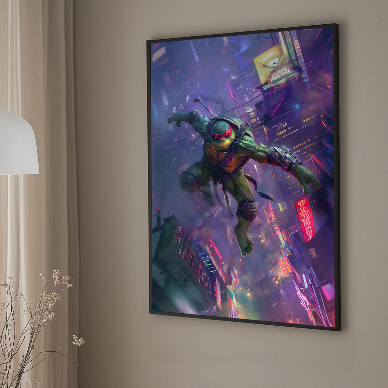 Action-packed wall art print of Raphael from TMNT soaring above a neon-lit cityscape, ideal for bringing superhero energy to entertainment areas.