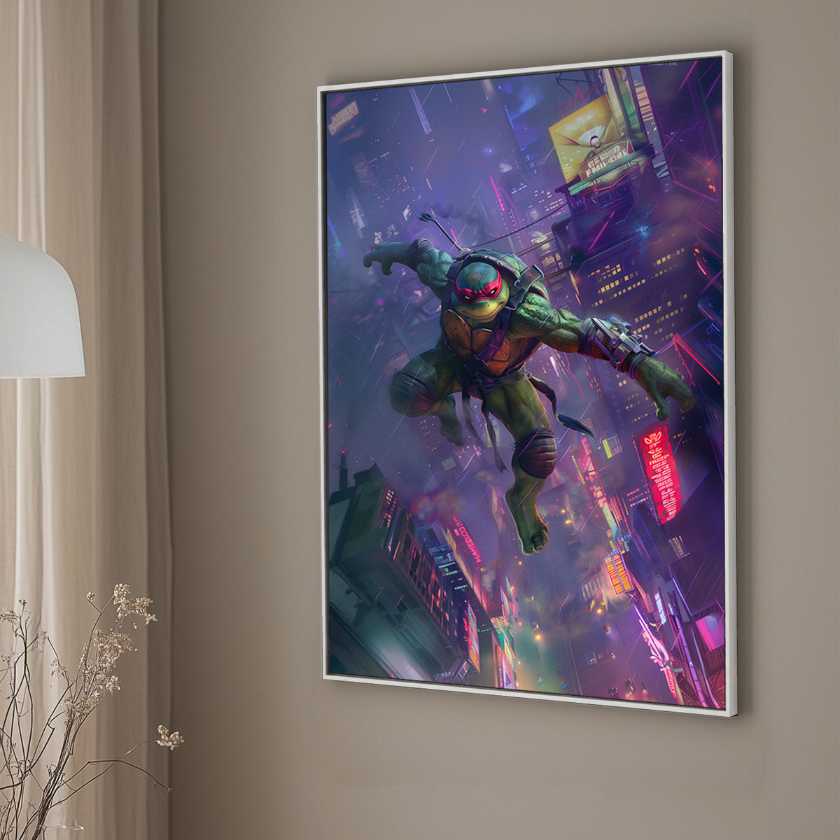 Action-packed wall art print of Raphael from TMNT soaring above a neon-lit cityscape, ideal for bringing superhero energy to entertainment areas.