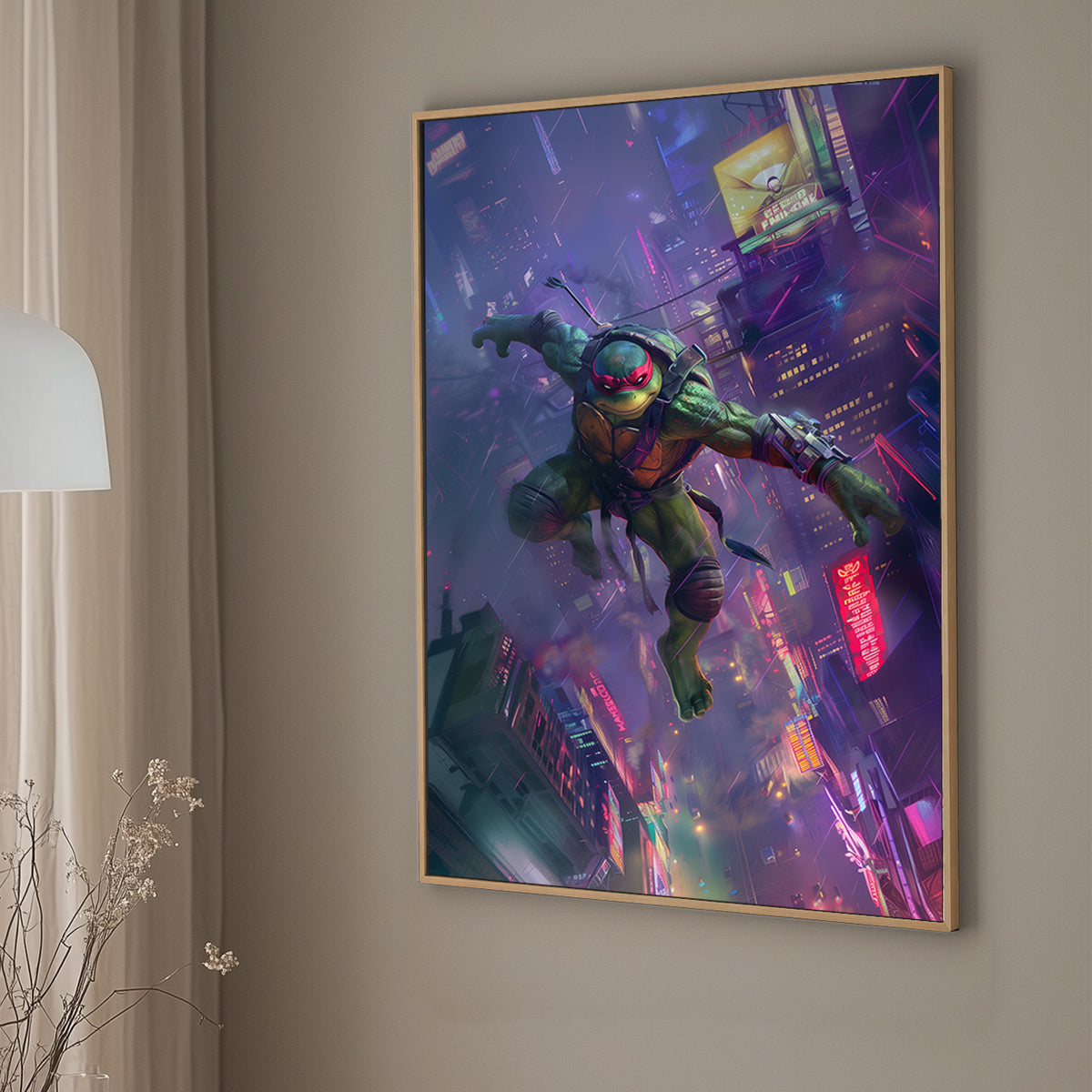 Action-packed wall art print of Raphael from TMNT soaring above a neon-lit cityscape, ideal for bringing superhero energy to entertainment areas.