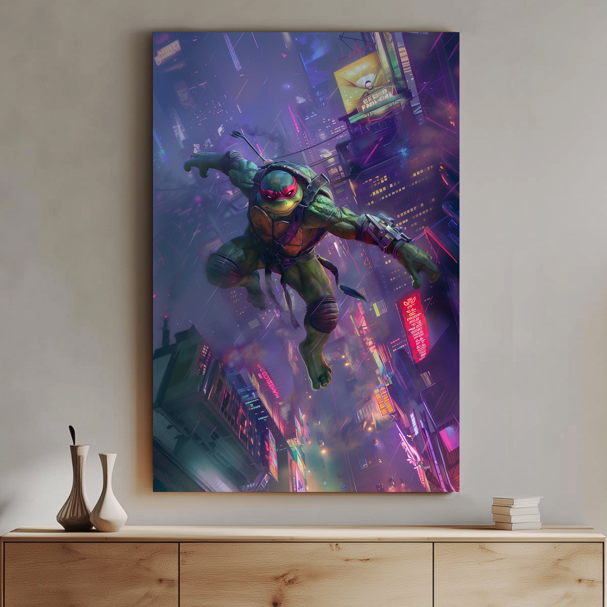 Action-packed wall art print of Raphael from TMNT soaring above a neon-lit cityscape, ideal for bringing superhero energy to entertainment areas.