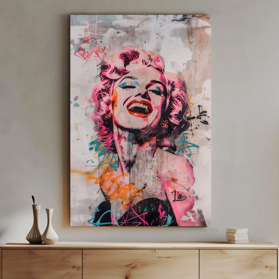Pop art graffiti portrait of Marilyn Monroe in vibrant colors against a textured urban background, perfect for adding a touch of modern glamour to any room.
