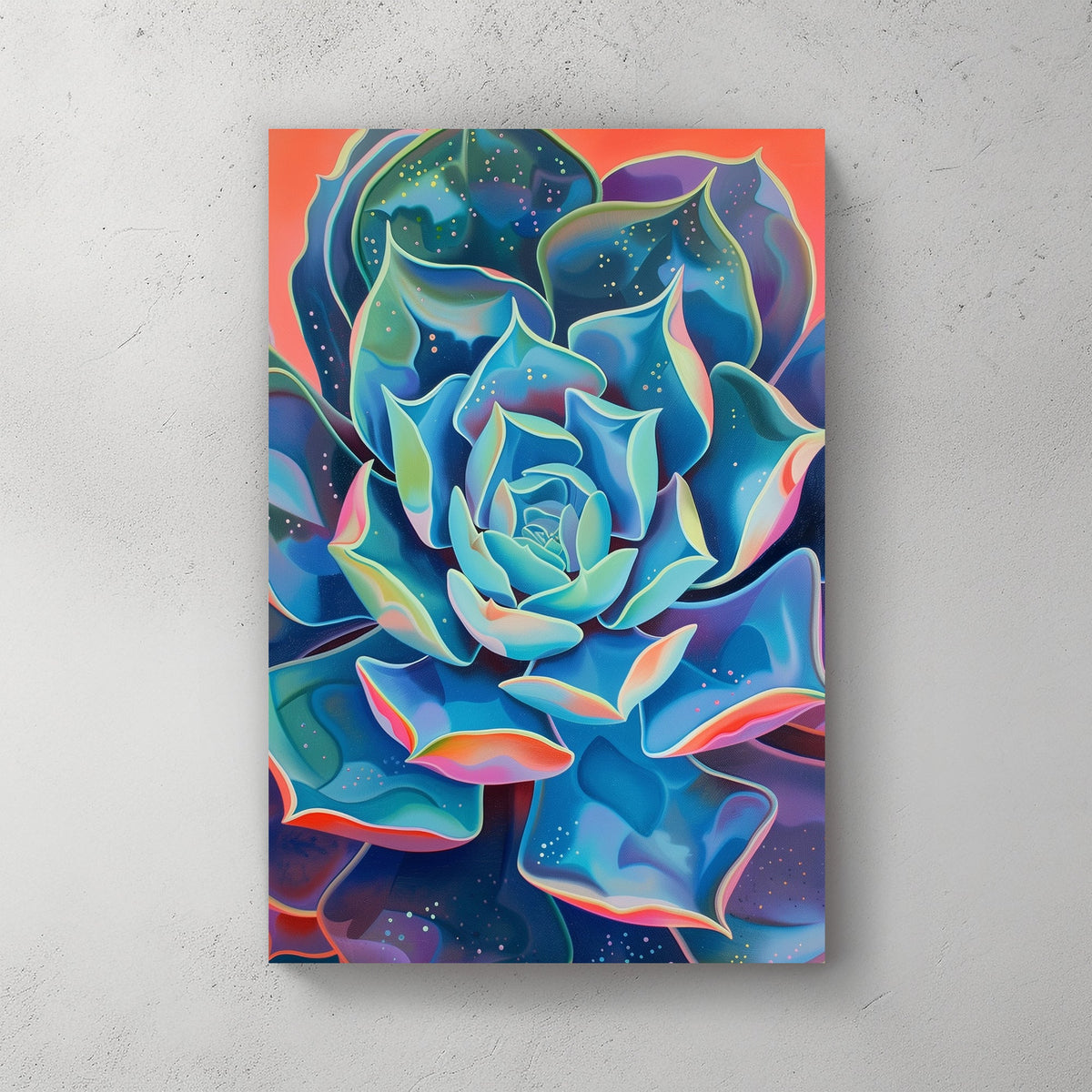 Surreal wall art print of a succulent with radiant, multi-colored petals, blending into a cosmic-like background, ideal for adding a touch of tranquility and color to any room.