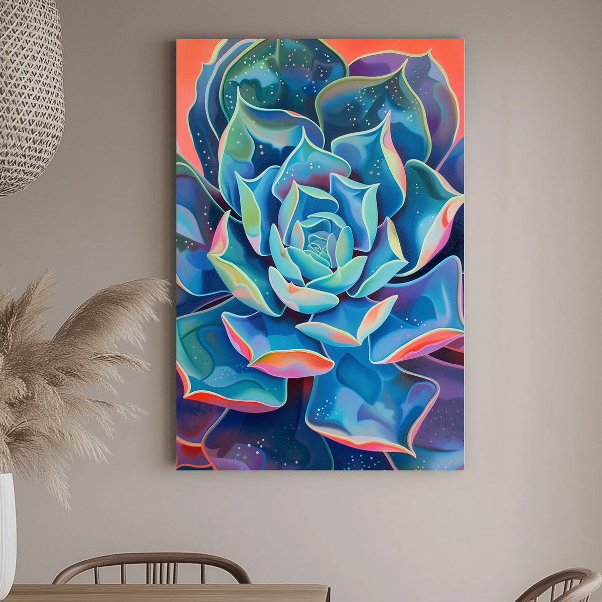 Surreal wall art print of a succulent with radiant, multi-colored petals, blending into a cosmic-like background, ideal for adding a touch of tranquility and color to any room.