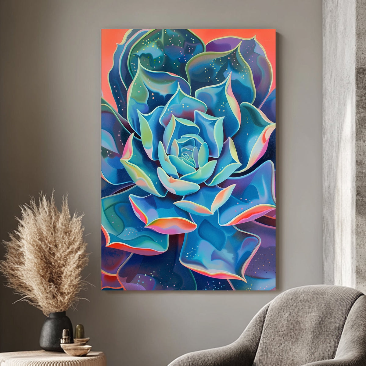 Surreal wall art print of a succulent with radiant, multi-colored petals, blending into a cosmic-like background, ideal for adding a touch of tranquility and color to any room.