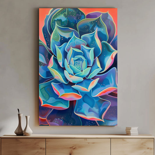 Surreal wall art print of a succulent with radiant, multi-colored petals, blending into a cosmic-like background, ideal for adding a touch of tranquility and color to any room.