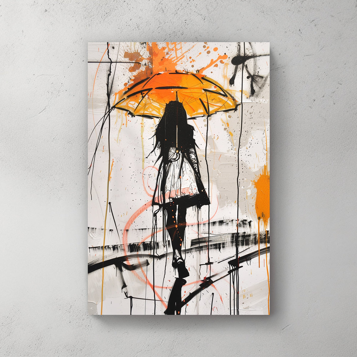 Abstract wall art print depicting a silhouette under an umbrella with vibrant orange and black splashes, symbolizing resilience and calm amidst chaos.