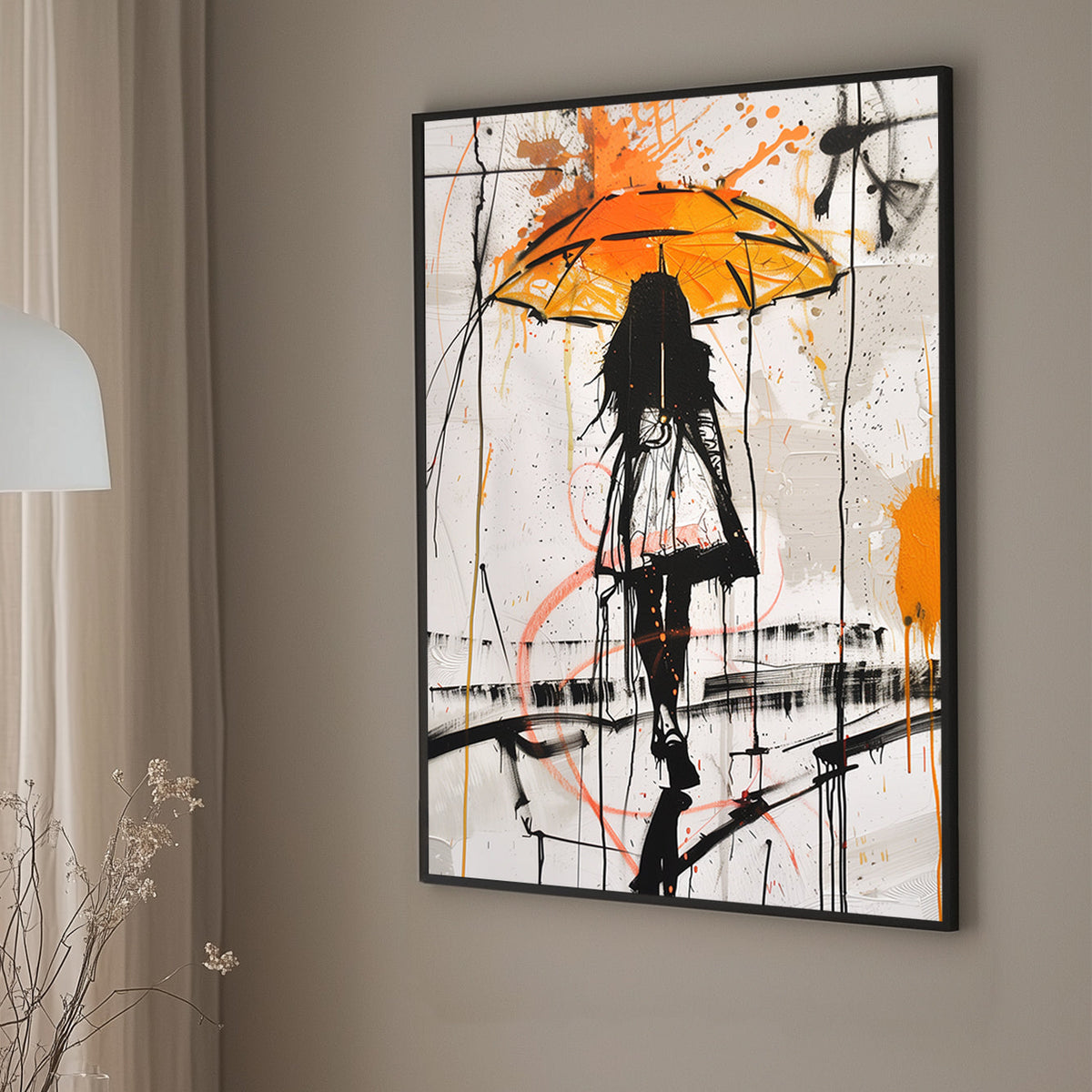 Abstract wall art print depicting a silhouette under an umbrella with vibrant orange and black splashes, symbolizing resilience and calm amidst chaos.
