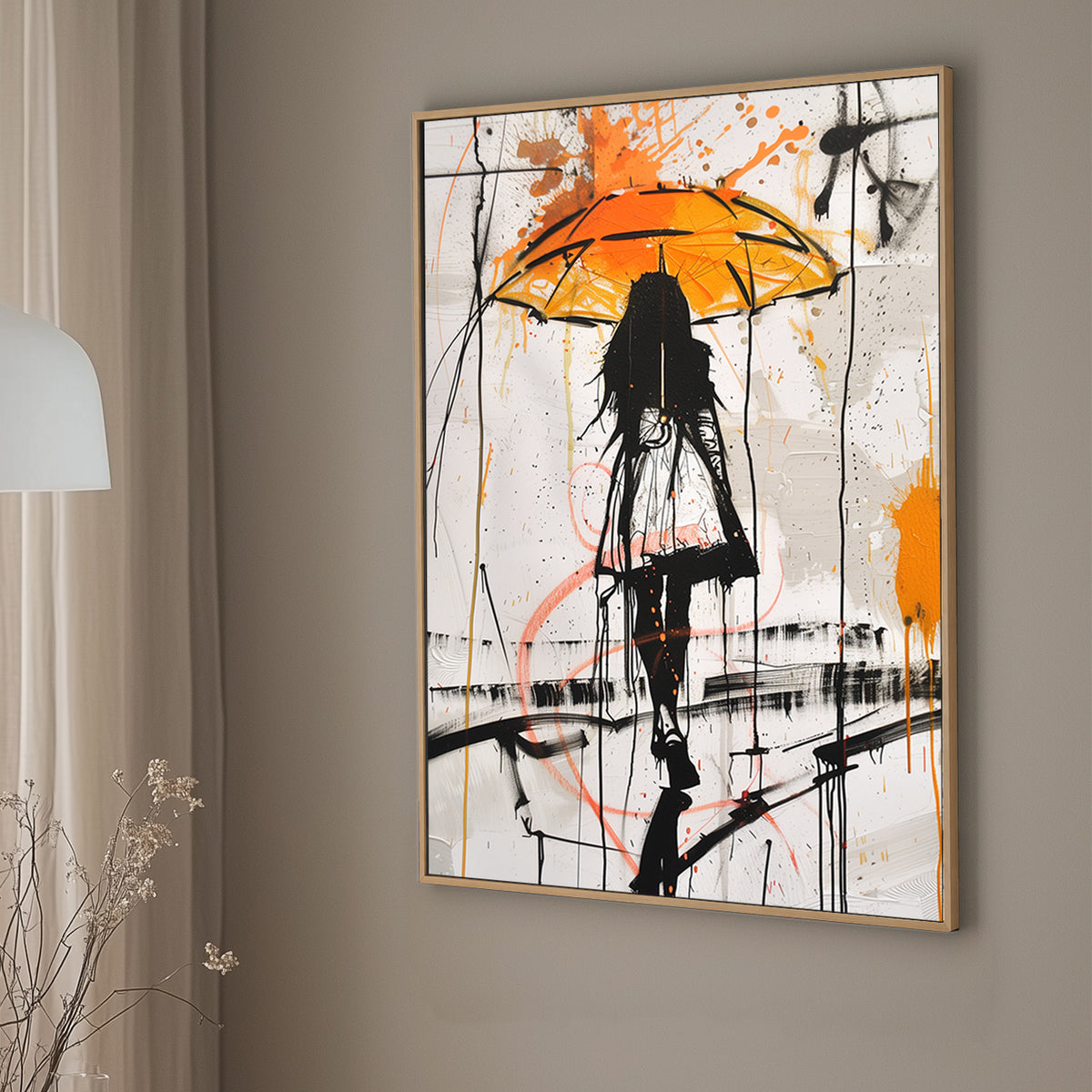 Abstract wall art print depicting a silhouette under an umbrella with vibrant orange and black splashes, symbolizing resilience and calm amidst chaos.