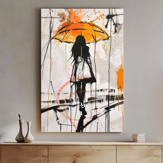 Abstract wall art print depicting a silhouette under an umbrella with vibrant orange and black splashes, symbolizing resilience and calm amidst chaos.