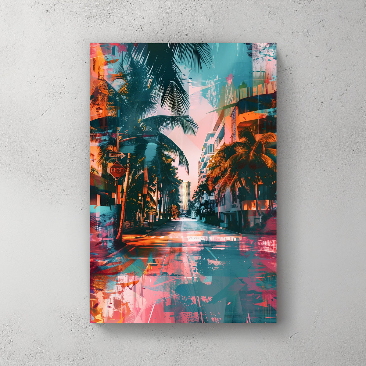 A vibrant and colorful digital wall art print of a city street lined with palm trees in neon pink and blue hues, ideal for bringing urban energy into any space.