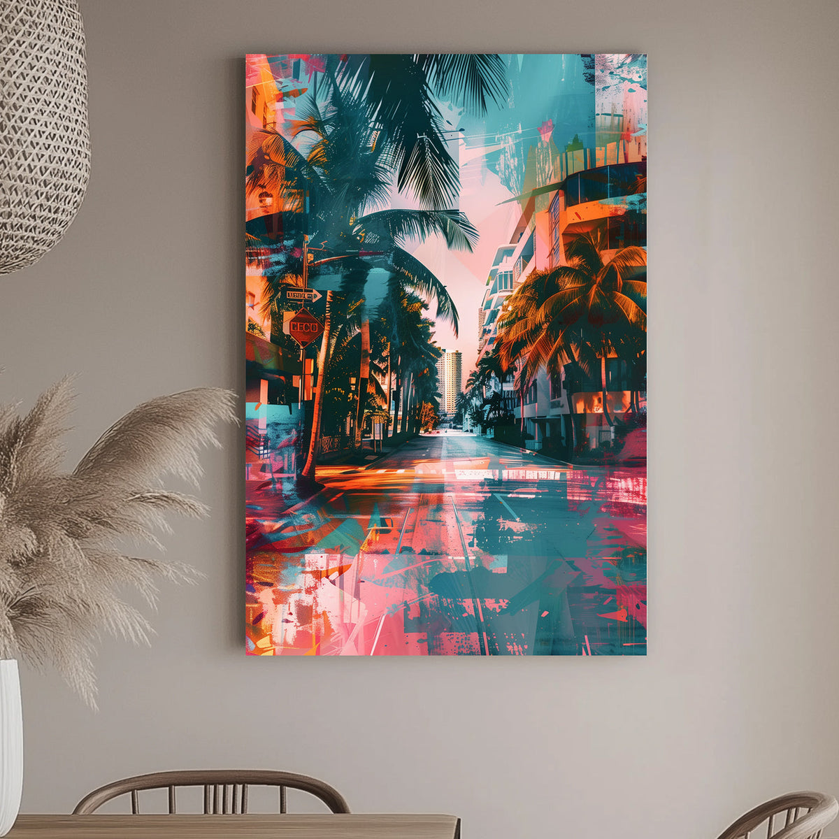 A vibrant and colorful digital wall art print of a city street lined with palm trees in neon pink and blue hues, ideal for bringing urban energy into any space.