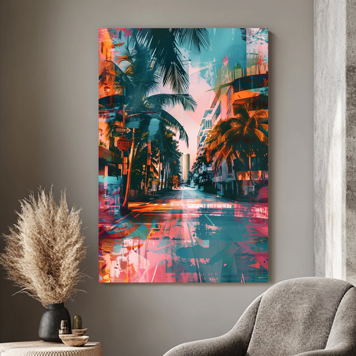 A vibrant and colorful digital wall art print of a city street lined with palm trees in neon pink and blue hues, ideal for bringing urban energy into any space.