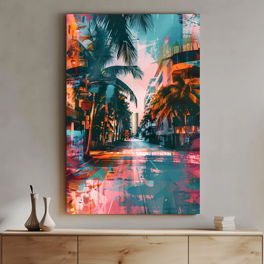 A vibrant and colorful digital wall art print of a city street lined with palm trees in neon pink and blue hues, ideal for bringing urban energy into any space.