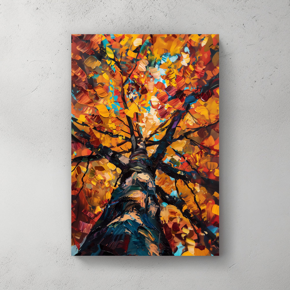 Impressionistic wall art print of a tree in autumn, with leaves in vibrant shades of orange, red, and yellow, ideal for bringing the warmth of fall into home decor.