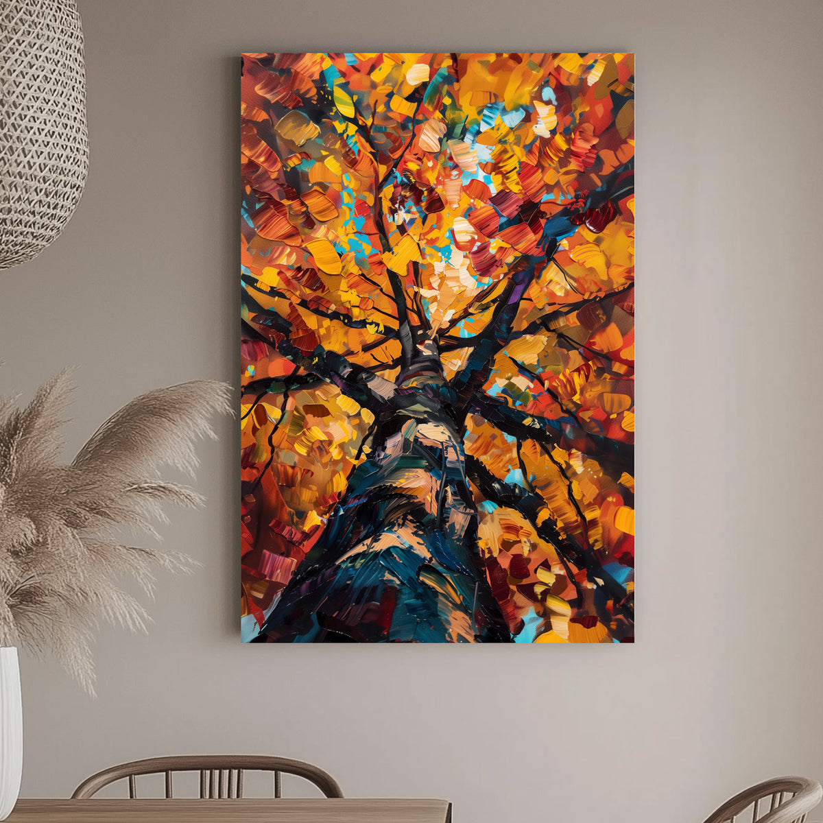 Impressionistic wall art print of a tree in autumn, with leaves in vibrant shades of orange, red, and yellow, ideal for bringing the warmth of fall into home decor.