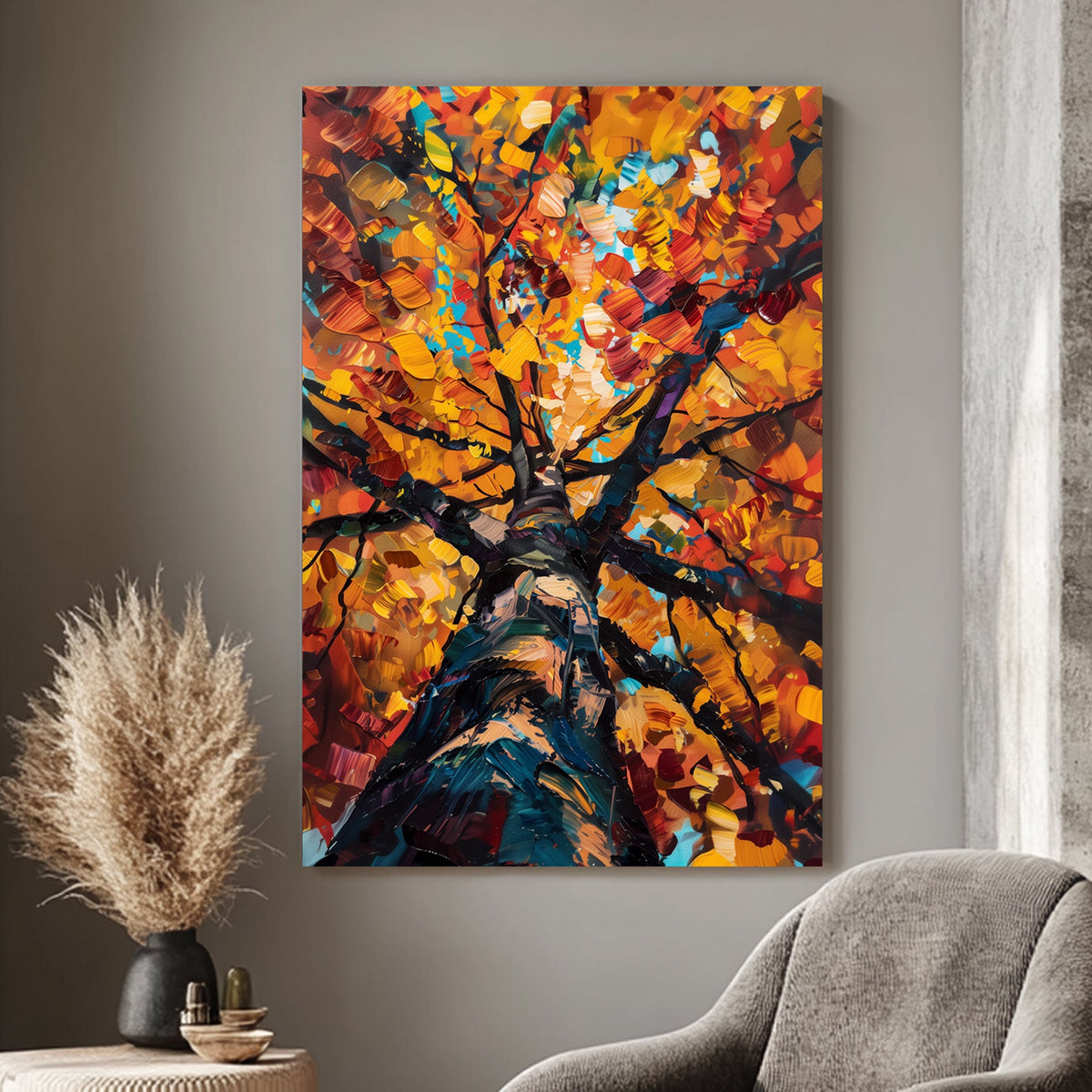 Impressionistic wall art print of a tree in autumn, with leaves in vibrant shades of orange, red, and yellow, ideal for bringing the warmth of fall into home decor.