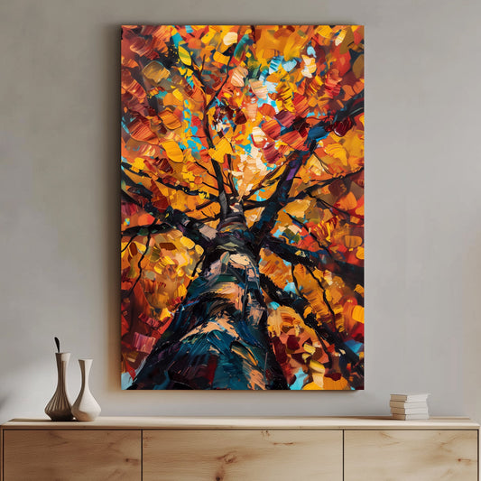 Impressionistic wall art print of a tree in autumn, with leaves in vibrant shades of orange, red, and yellow, ideal for bringing the warmth of fall into home decor.