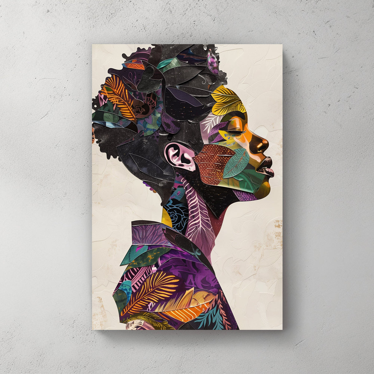 Artistic collage of a figure’s profile made from various colorful and patterned segments, perfect for adding a touch of sophisticated artistry to any space.