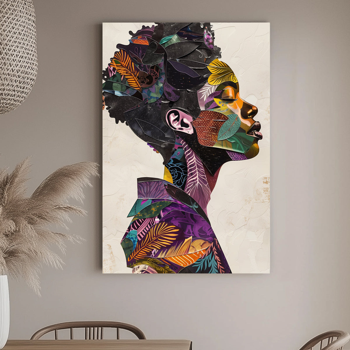 Artistic collage of a figure’s profile made from various colorful and patterned segments, perfect for adding a touch of sophisticated artistry to any space.