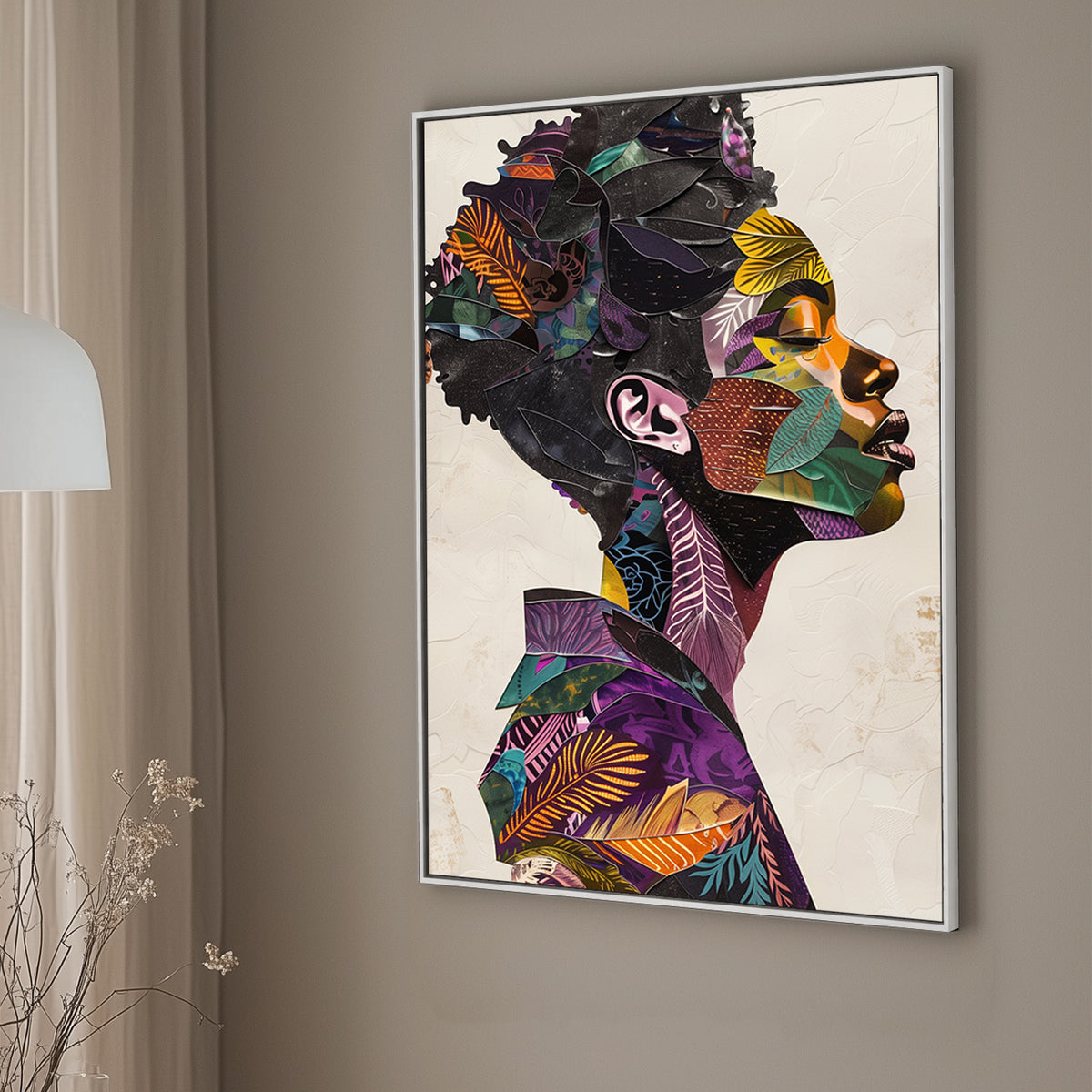 Artistic collage of a figure’s profile made from various colorful and patterned segments, perfect for adding a touch of sophisticated artistry to any space.