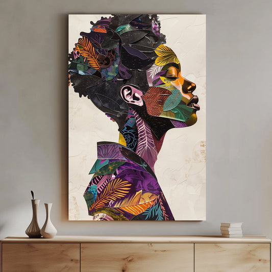 Artistic collage of a figure’s profile made from various colorful and patterned segments, perfect for adding a touch of sophisticated artistry to any space.