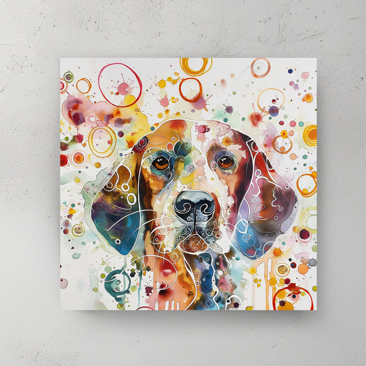 Colorful abstract depiction of a dog’s face with vibrant watercolor splashes and playful geometric patterns, perfect for adding a cheerful touch to any pet lover’s space.