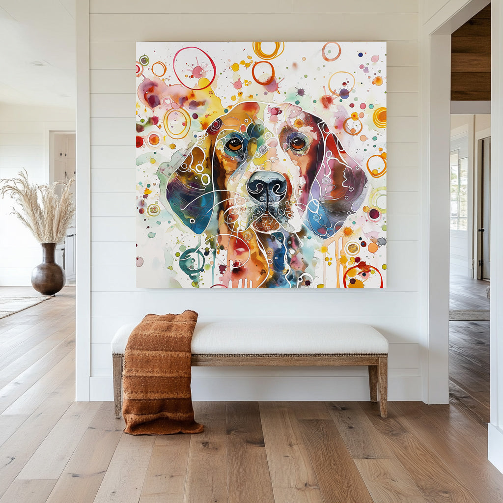 Colorful abstract depiction of a dog’s face with vibrant watercolor splashes and playful geometric patterns, perfect for adding a cheerful touch to any pet lover’s space.