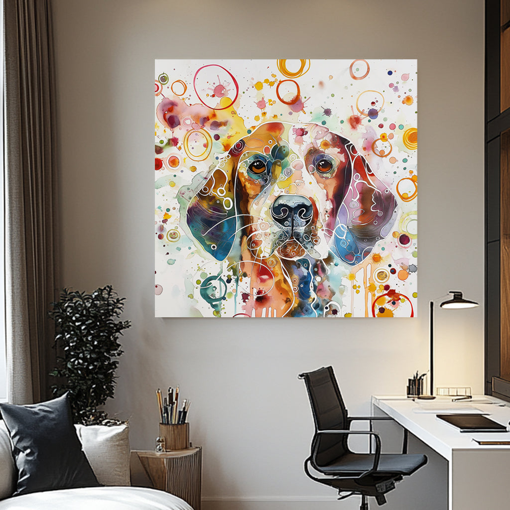 Colorful abstract depiction of a dog’s face with vibrant watercolor splashes and playful geometric patterns, perfect for adding a cheerful touch to any pet lover’s space.