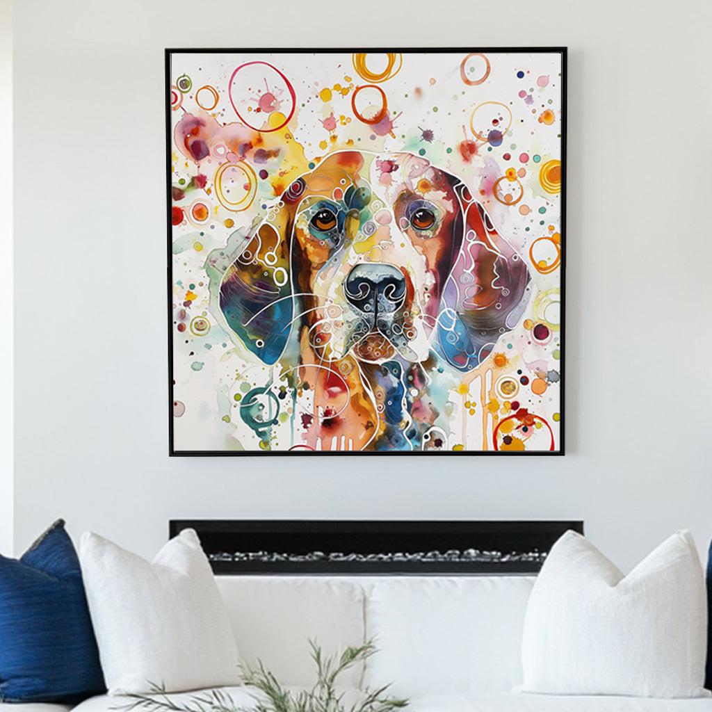 Colorful abstract depiction of a dog’s face with vibrant watercolor splashes and playful geometric patterns, perfect for adding a cheerful touch to any pet lover’s space.