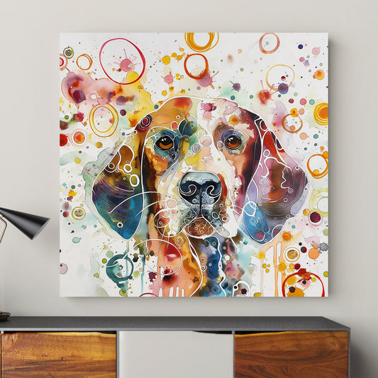 Colorful abstract depiction of a dog’s face with vibrant watercolor splashes and playful geometric patterns, perfect for adding a cheerful touch to any pet lover’s space.