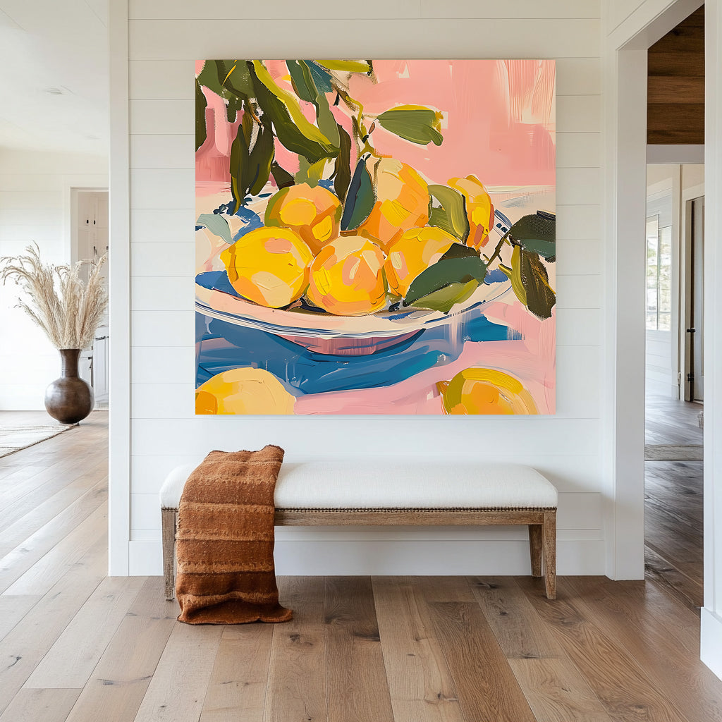 Vibrant still life wall art print of lemons on a blue and white plate, set against a pink background, ideal for adding a splash of freshness and color to home decor.