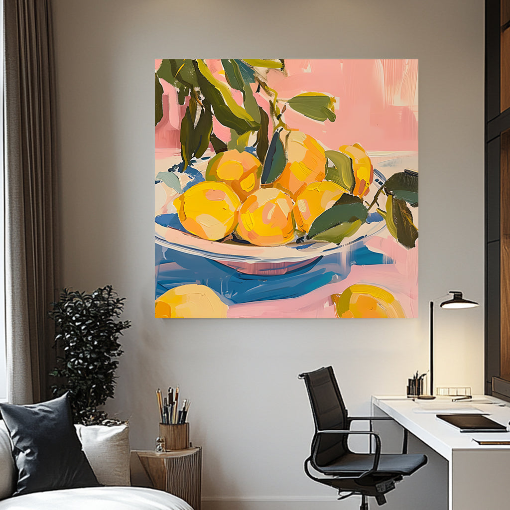 Vibrant still life wall art print of lemons on a blue and white plate, set against a pink background, ideal for adding a splash of freshness and color to home decor.