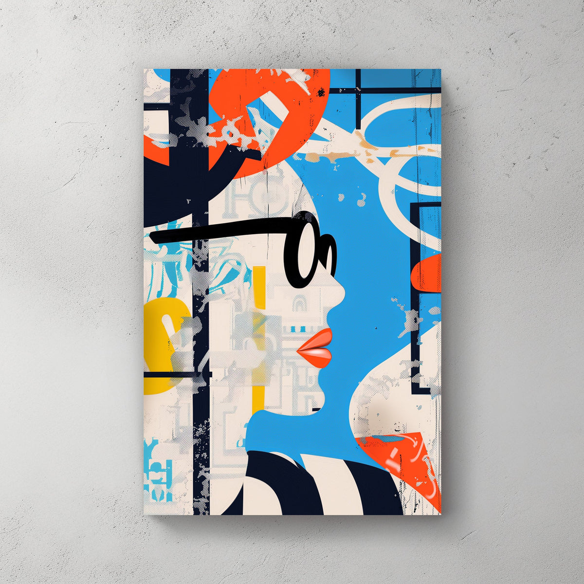 Modern pop art style wall art print with a fragmented female figure and abstract elements in orange and blue, ideal for adding a vibrant and stylish touch to contemporary interiors.