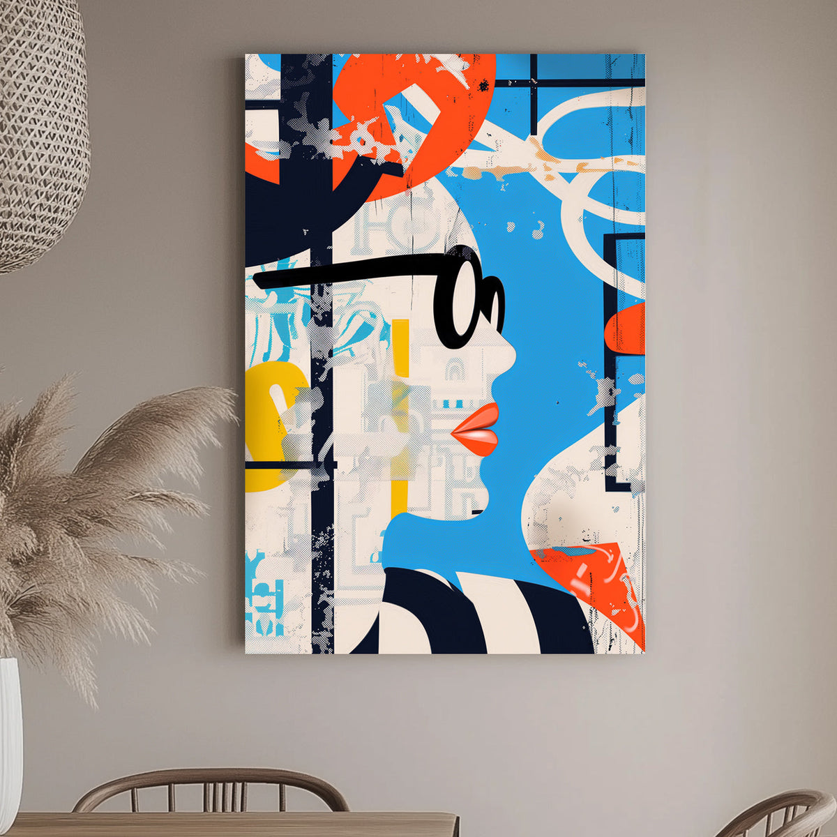 Modern pop art style wall art print with a fragmented female figure and abstract elements in orange and blue, ideal for adding a vibrant and stylish touch to contemporary interiors.