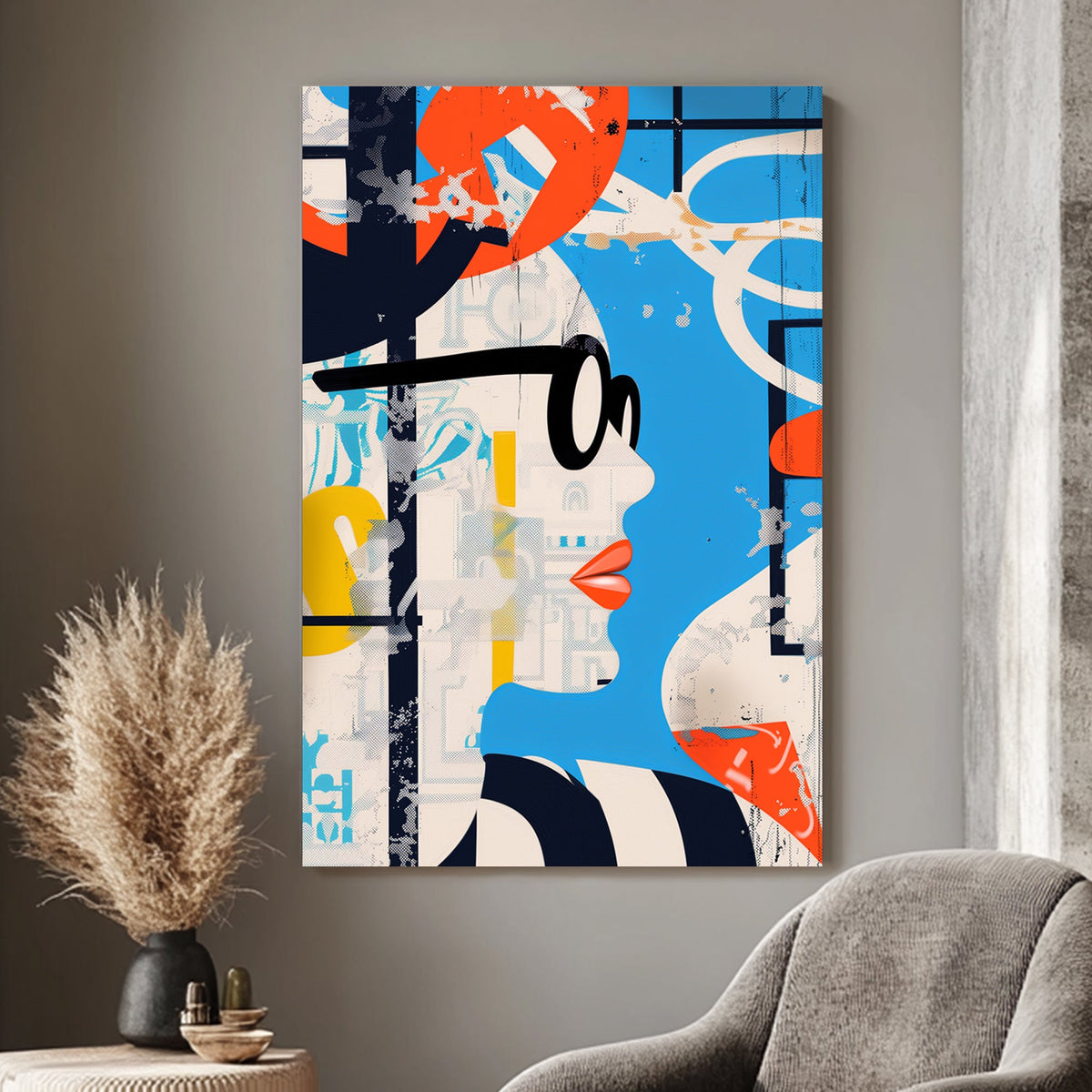 Modern pop art style wall art print with a fragmented female figure and abstract elements in orange and blue, ideal for adding a vibrant and stylish touch to contemporary interiors.
