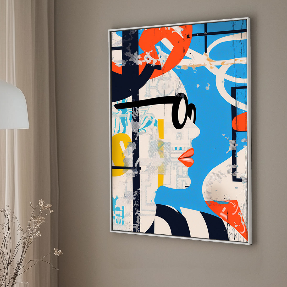 Modern pop art style wall art print with a fragmented female figure and abstract elements in orange and blue, ideal for adding a vibrant and stylish touch to contemporary interiors.
